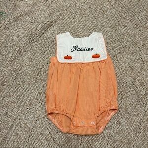 EUC Cecil & Lou Orange Gingham Madeline pumpkin bubble Romper 18mo